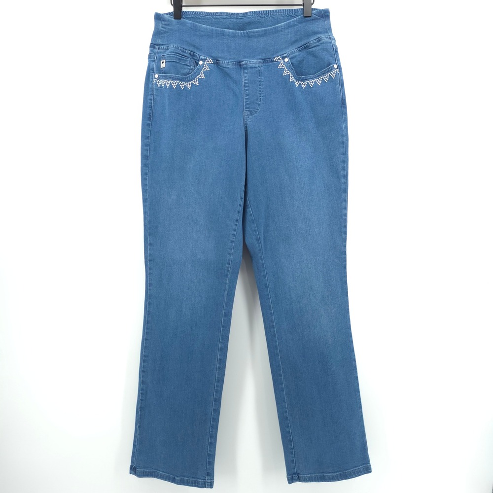 Belle Kim Gravel Women Jeans Pull On 12 Blue Embroidery Embellished Straight Leg